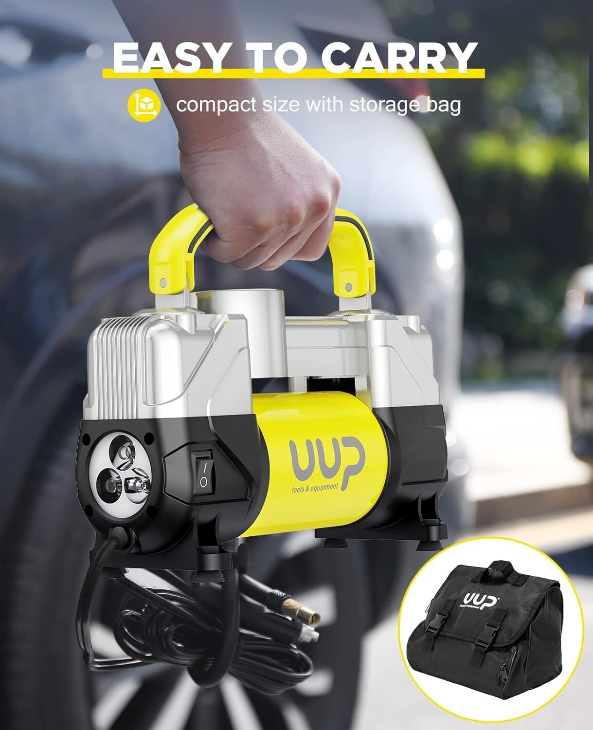 Portable 150 PSI Air Compressor with Nozzle Adapters & LED for Safe Travels