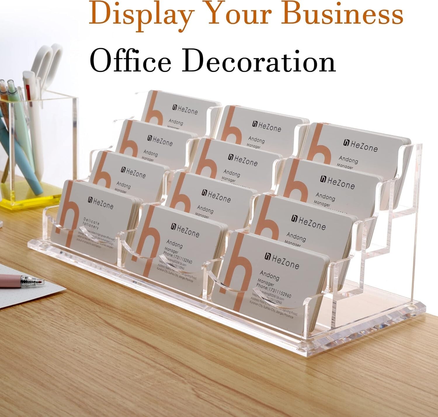 Elegant 12-Slot Acrylic Business Card Holder - Displays 600 Cards on Your Desk
