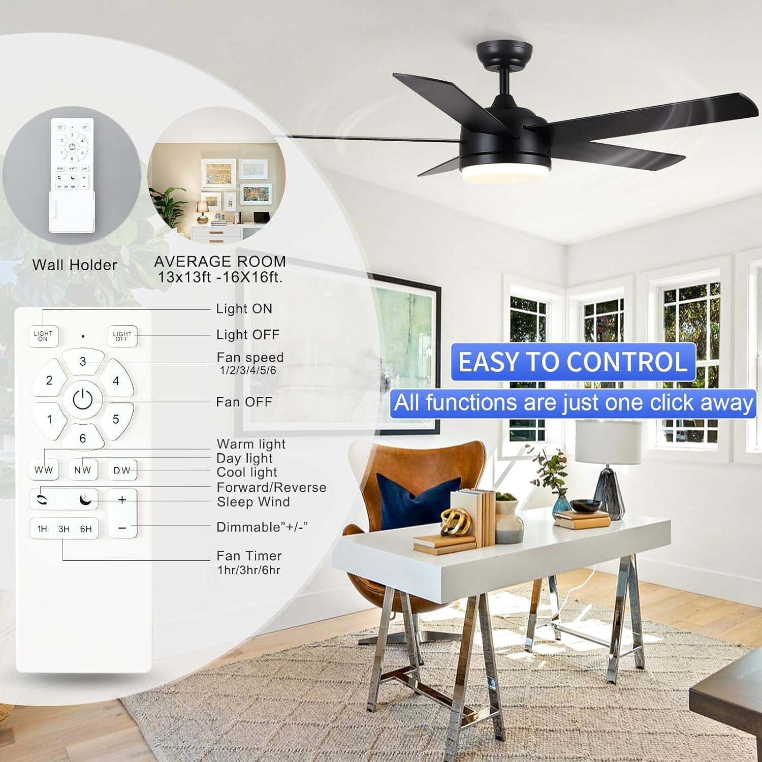 Dimmable LED Black Ceiling Fan with Remote Control - 3 Color Temperatures