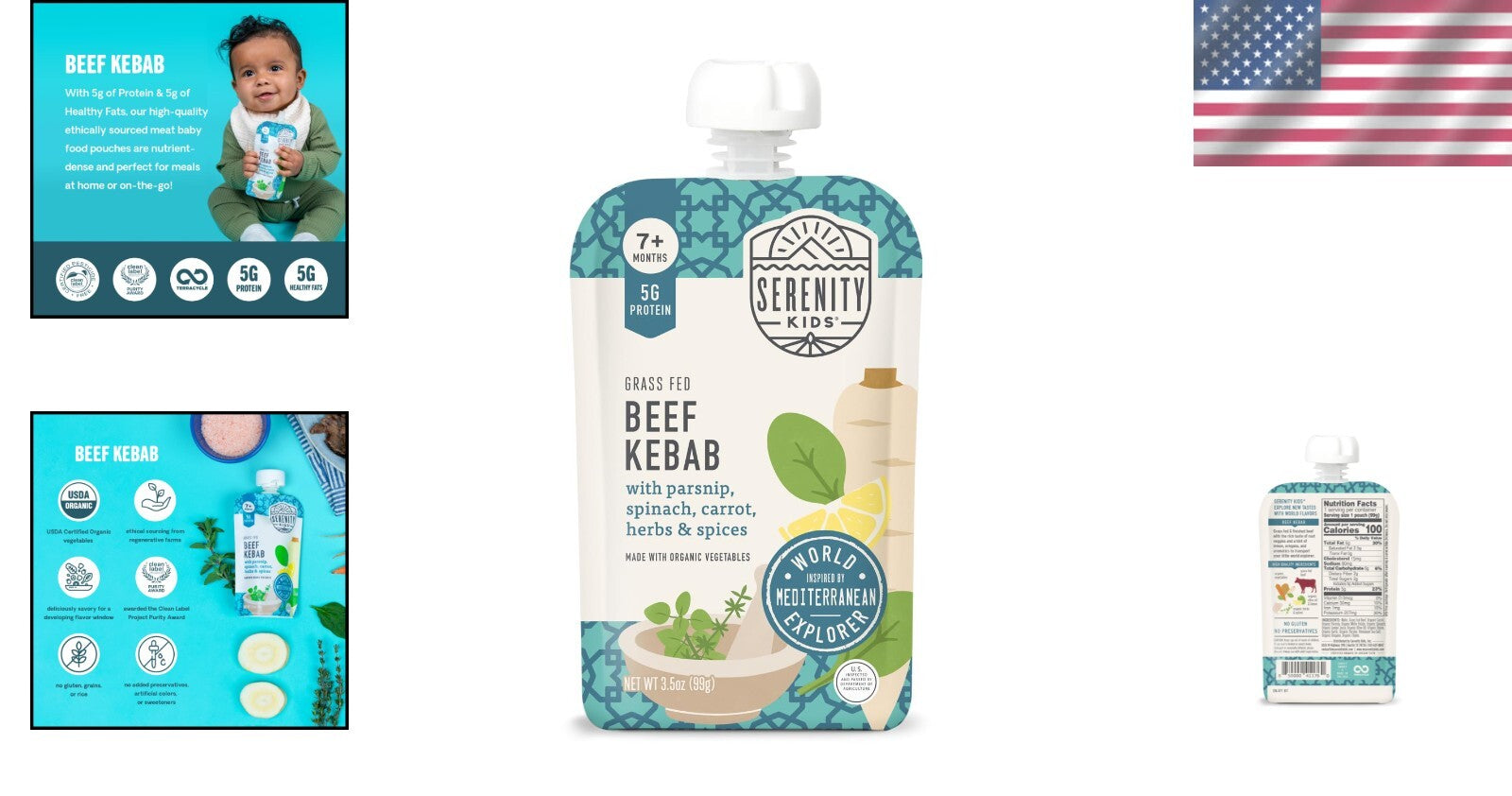 Flavorful 7+ Months Organic Baby Food Pouches - Beef Kebab & Veggies, 12 Pack