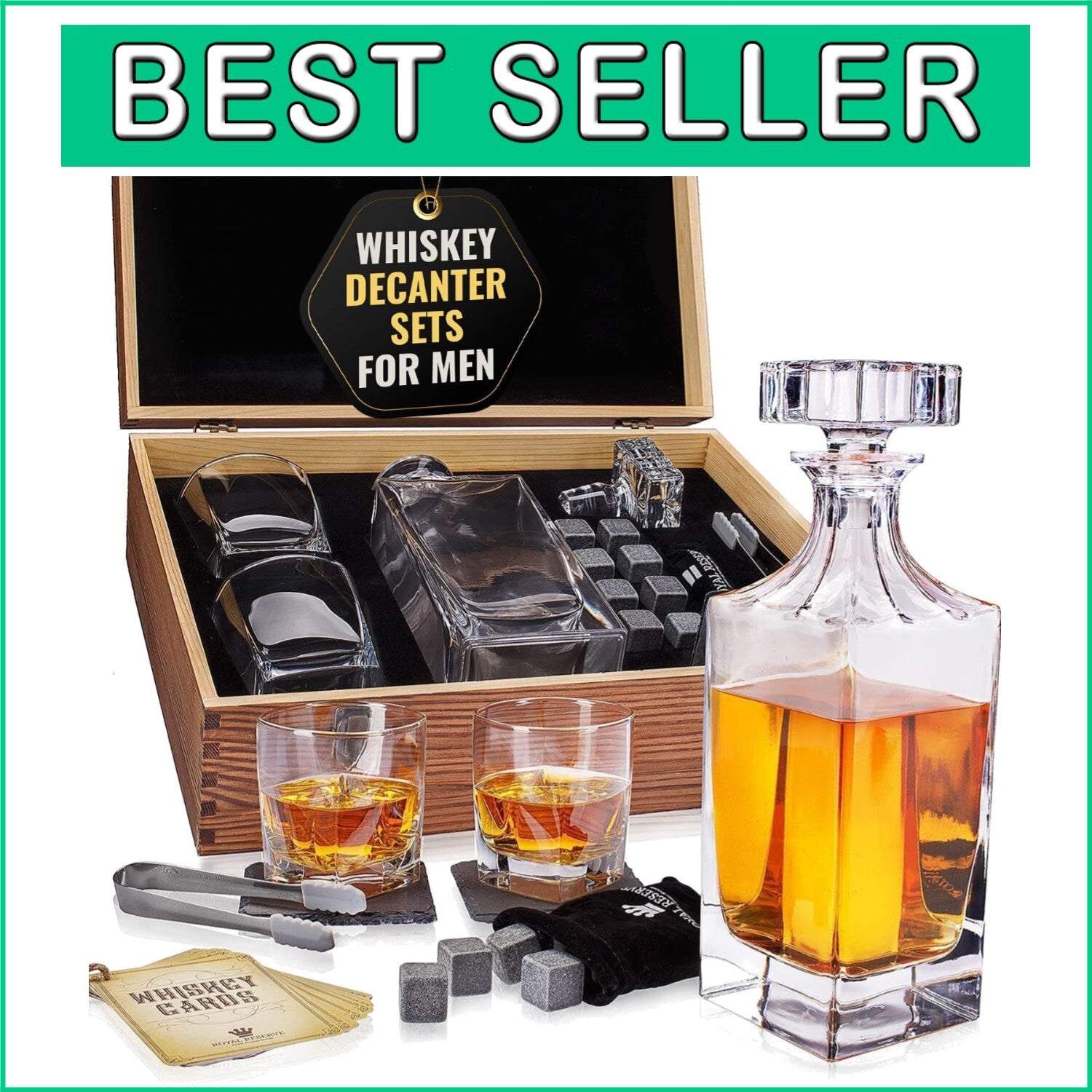 Premium Bourbon Decanter and Glasses Set in Handmade Box - Whiskey Gifts for Him