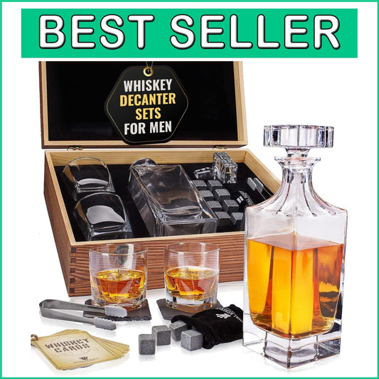 Premium Bourbon Decanter and Glasses Set in Handmade Box - Whiskey Gifts for Him