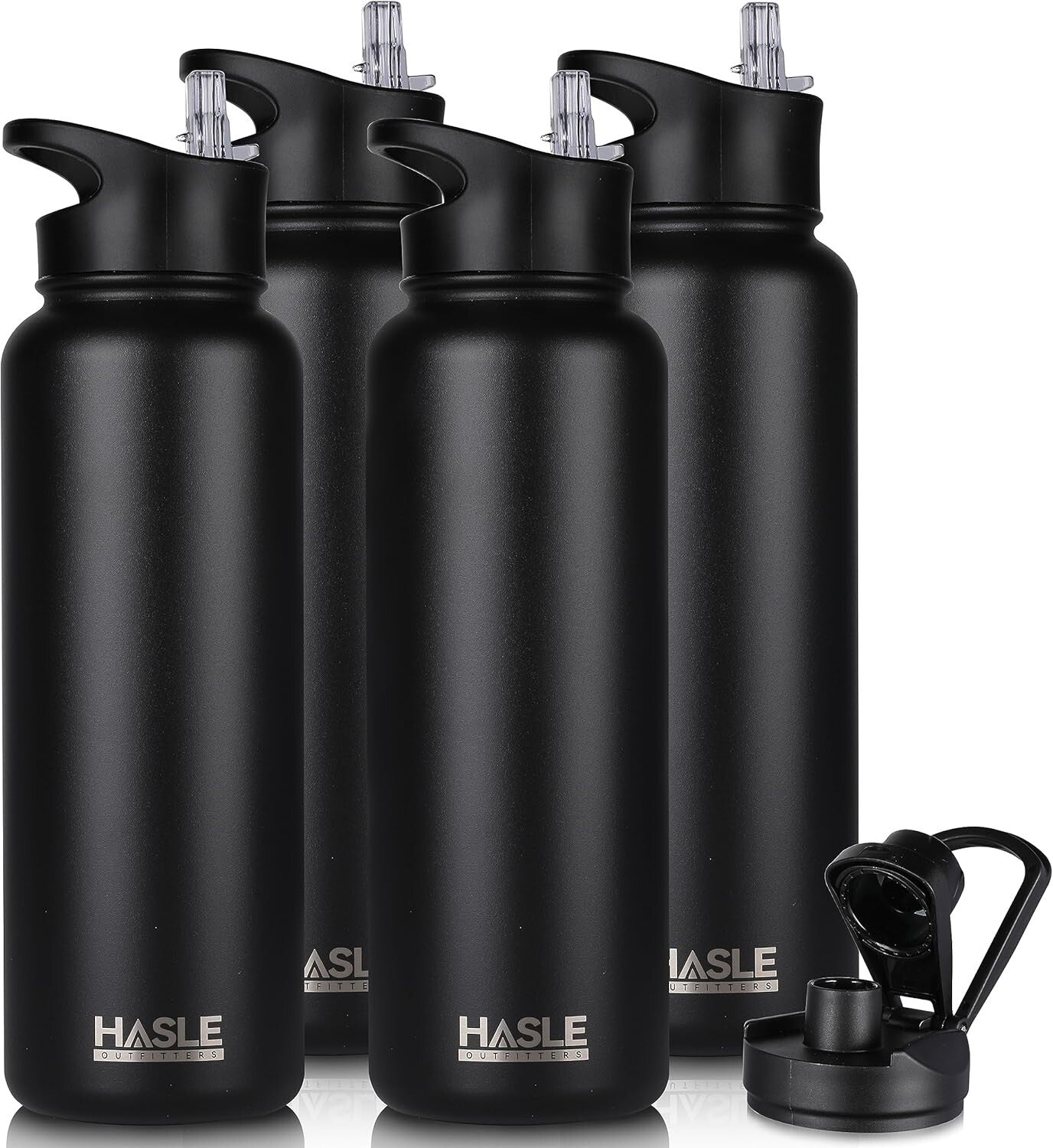 Double Walled 40oz Insulated Black Water Bottle with Straw & Spout Lid Bundle