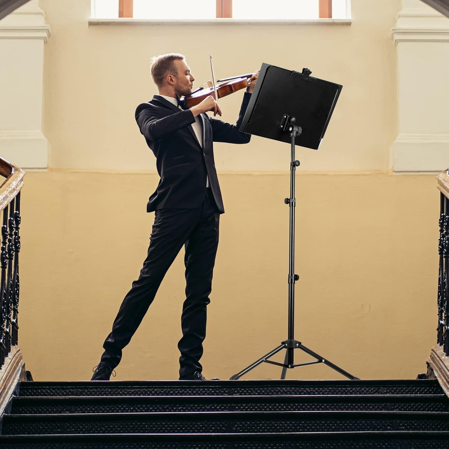 Black Alloy Steel Music Stand with Tiltable Tray - Perfect for Musicians