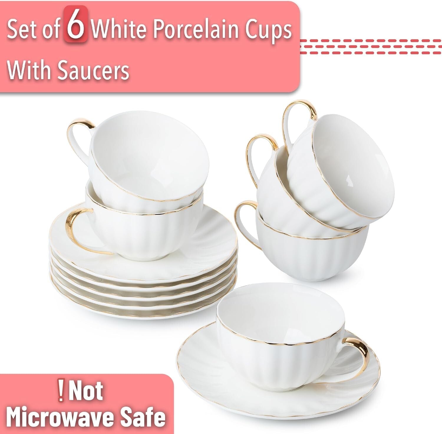 Luxurious 7 oz White Tea Cups and Saucers Set with Golden Trim - Gift Ready!