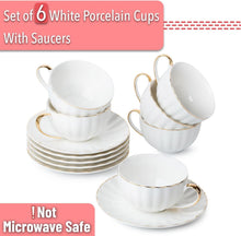 Load image into Gallery viewer, Luxurious 7 oz White Tea Cups and Saucers Set with Golden Trim - Gift Ready!