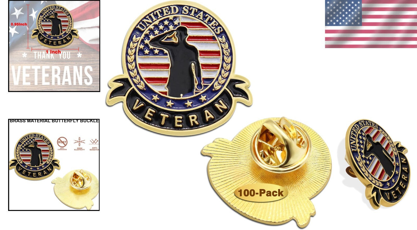 Patriotic American Flag Veteran Pins – 1 Inch Lapel Pin Brooch Set of 10-100