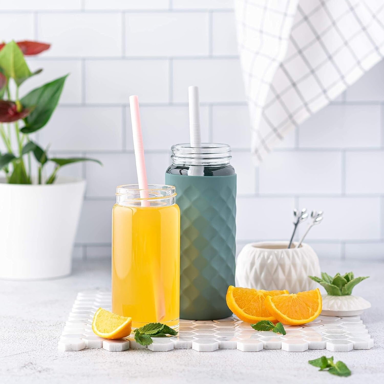 10oz Wide Mouth Glass Bottles with Stainless Steel Lids - Leakproof Beverage Set