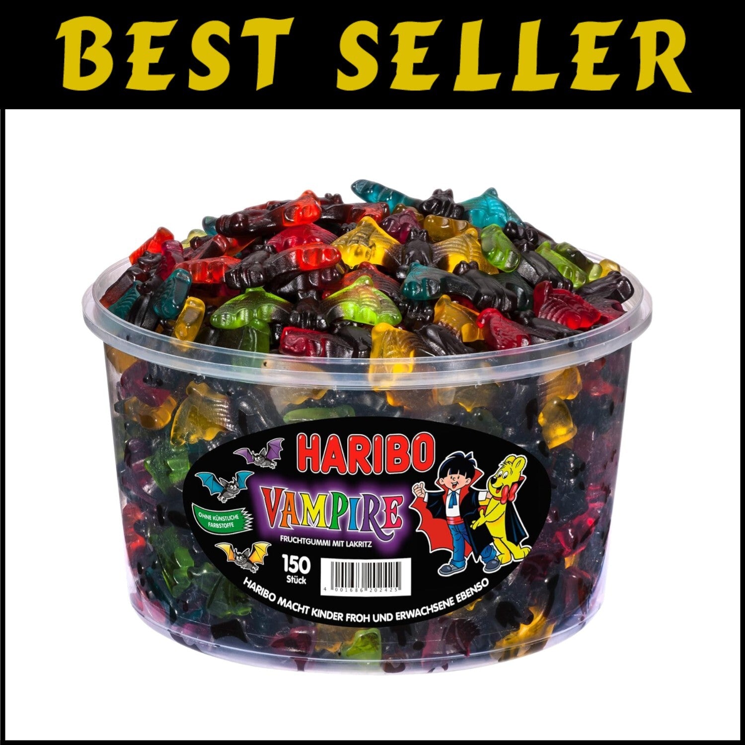 150-Count Gummy Vampires - Tasty Fruit, Licorice & Lemon Candy in Resealable Tub