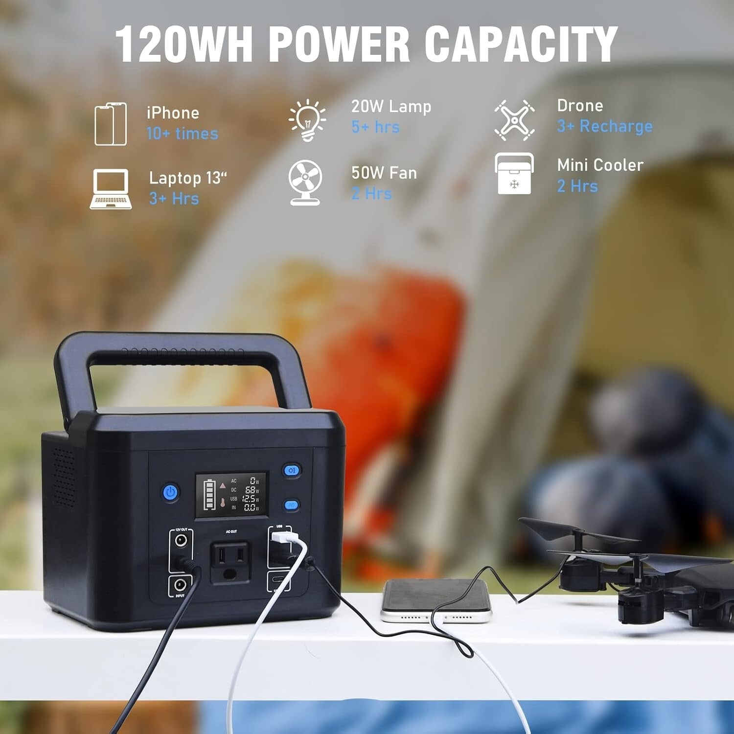200W Portable Power Station - 33,000mAh Power Bank with LED Light for Camping