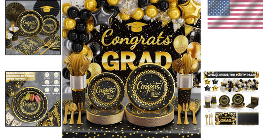One-Stop Graduation Party Kit - 245pcs Black & Gold Supplies for Easy Hosting