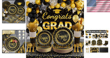 Load image into Gallery viewer, One-Stop Graduation Party Kit - 245pcs Black &amp; Gold Supplies for Easy Hosting
