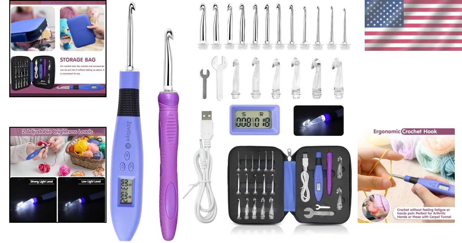 Light-Up Ergonomic Crochet Hook Set with 18 Interchangeable Sizes & Counter