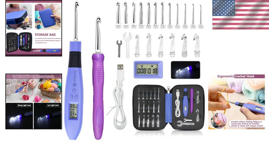 Light-Up Ergonomic Crochet Hook Set with 18 Interchangeable Sizes & Counter