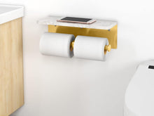Load image into Gallery viewer, Modern Brushed Gold Toilet Paper Holder with Marble Shelf for Stylish Washrooms