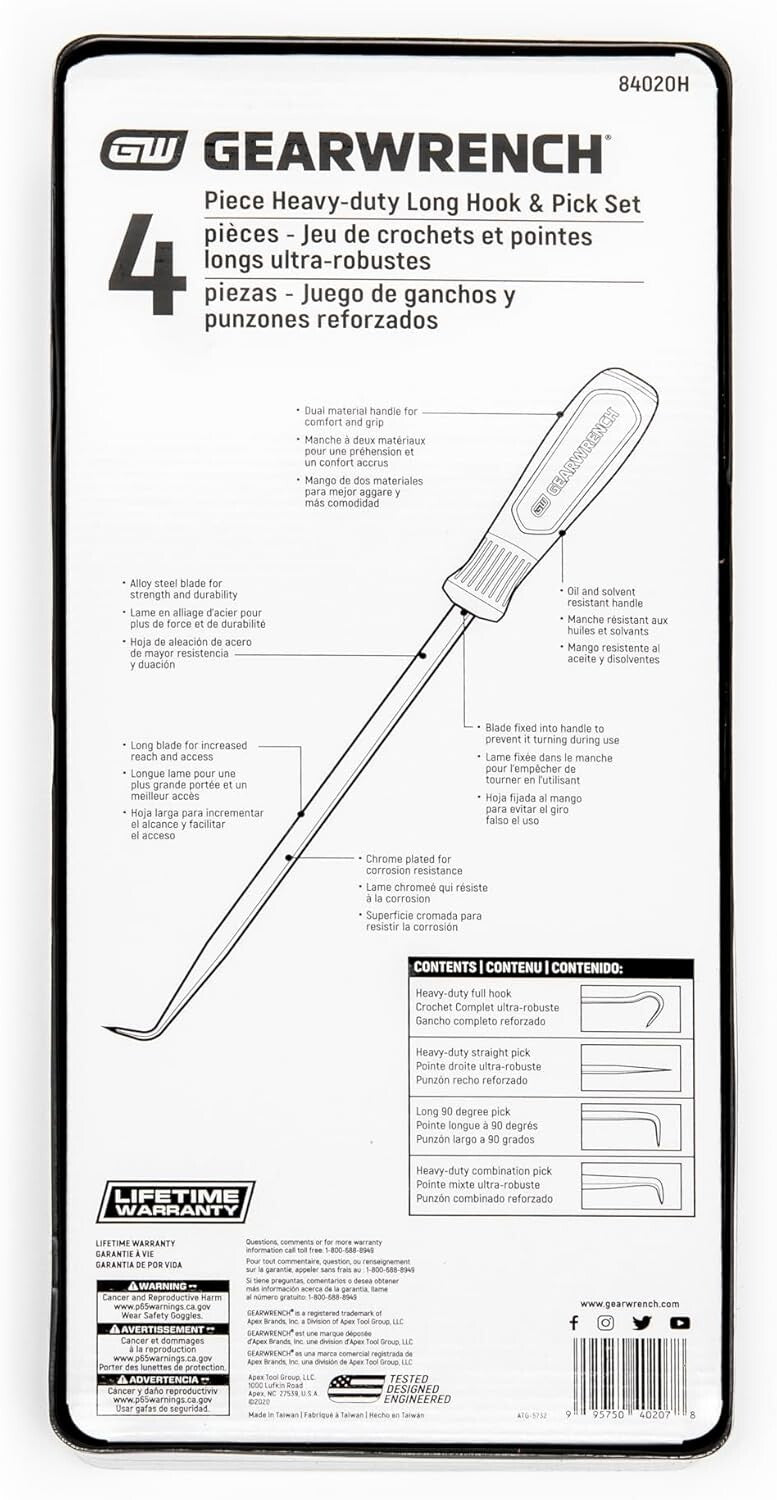 4 Pc. Heavy-Duty Hook & Pick Set with Ergonomic Handles - Professional Quality