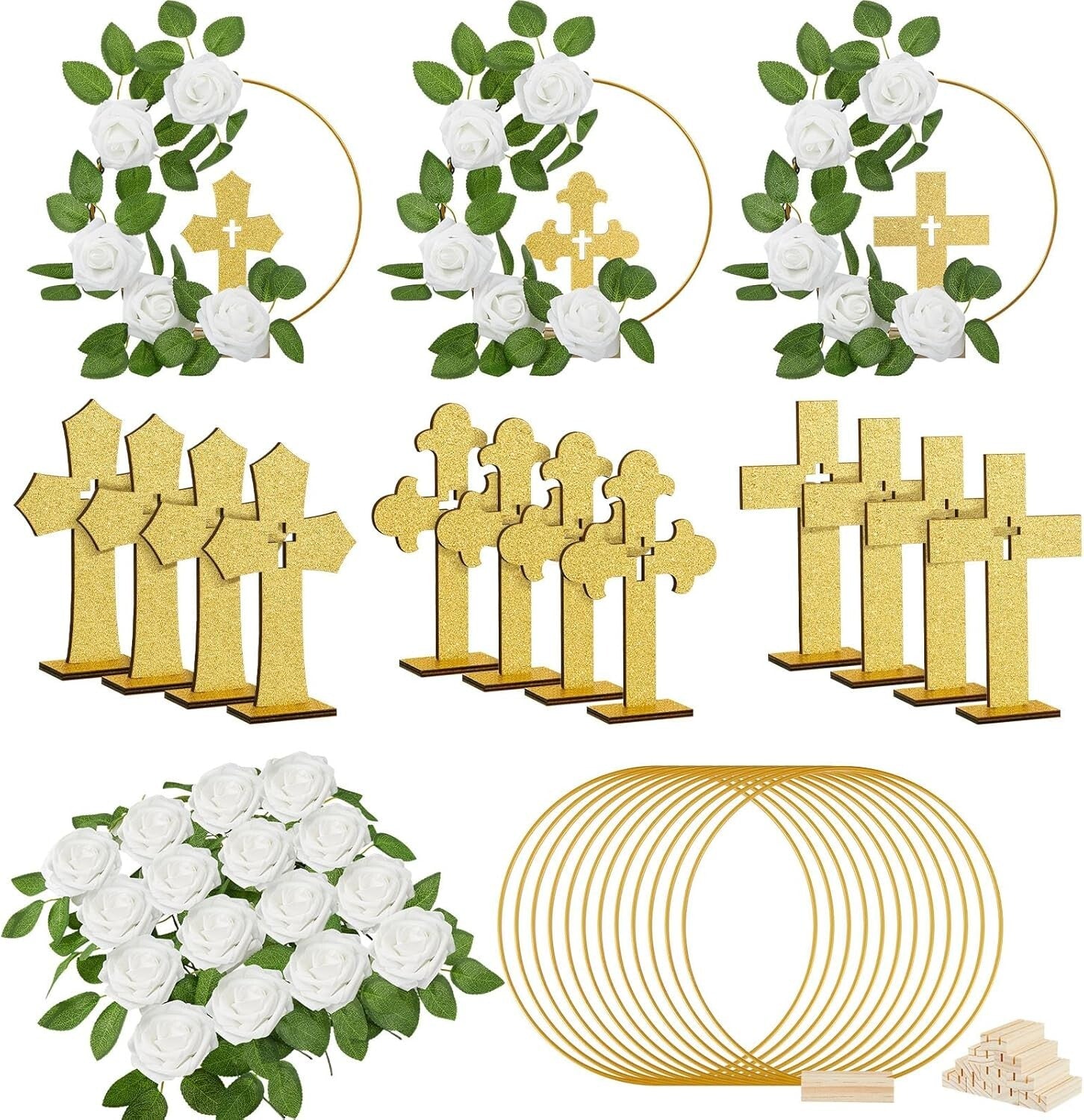 48 Pcs Gold & White Baptism Centerpieces: Wood Crosses, Floral Hoops & Roses