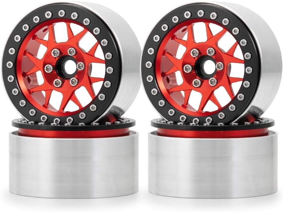 Stylish Red Beadlock Wheels - Upgrade Your 1/10 RC Crawler's Performance