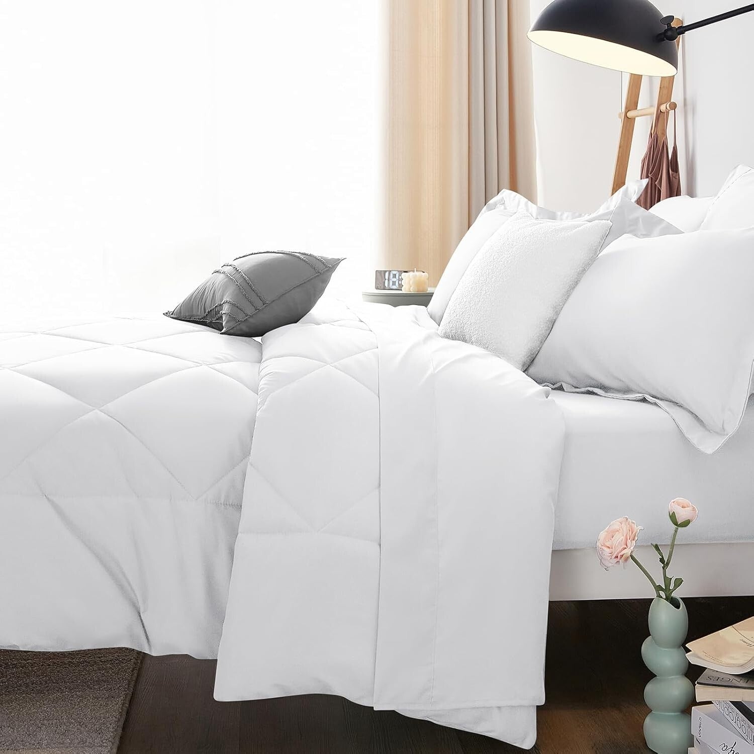 7-Piece King Size Comforter Set - Soft White Luxury Bedding for All Seasons