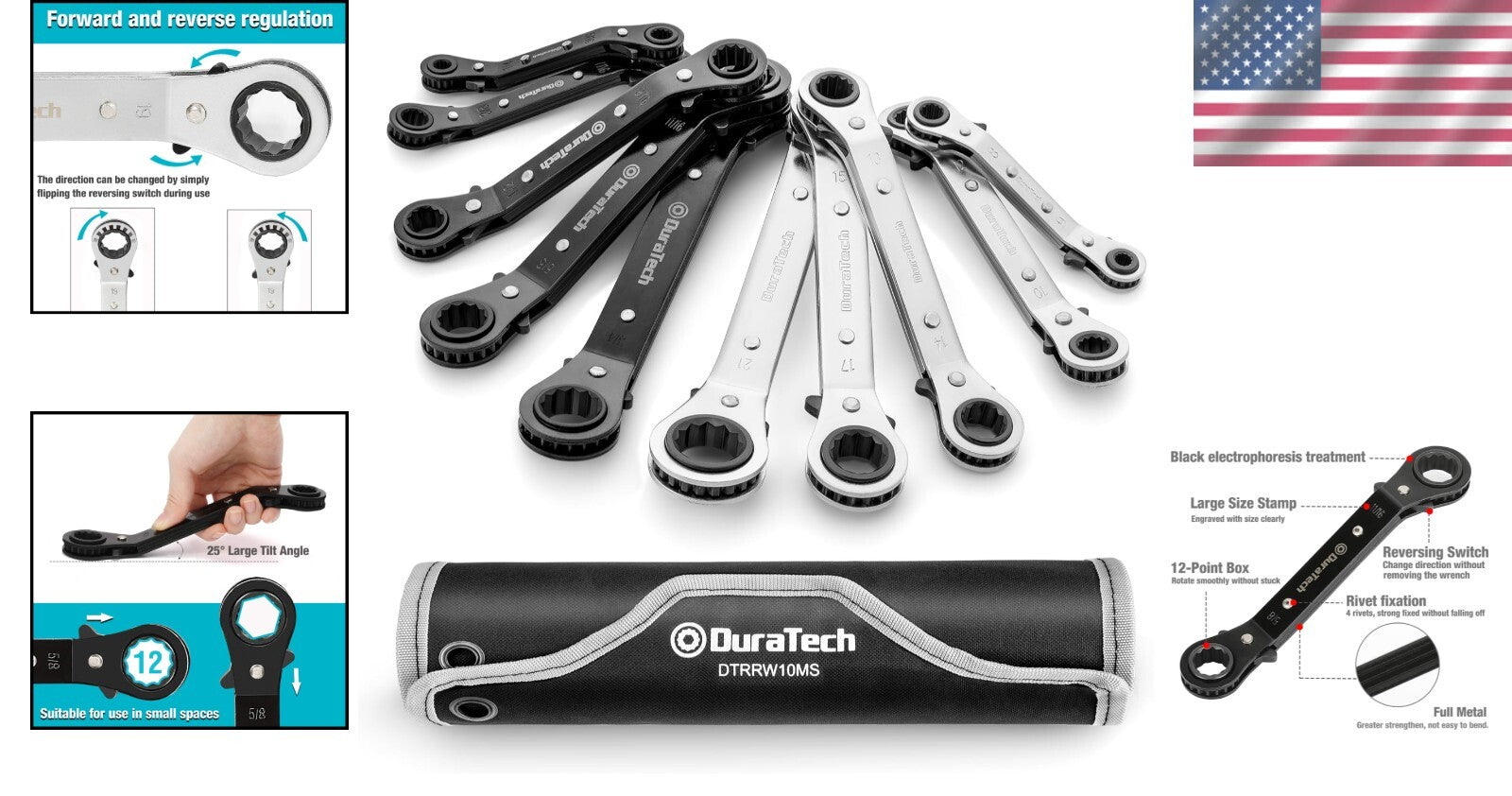 10-Piece Reversible Ratcheting Wrench Set with Offset Box Ends, SAE & Metric