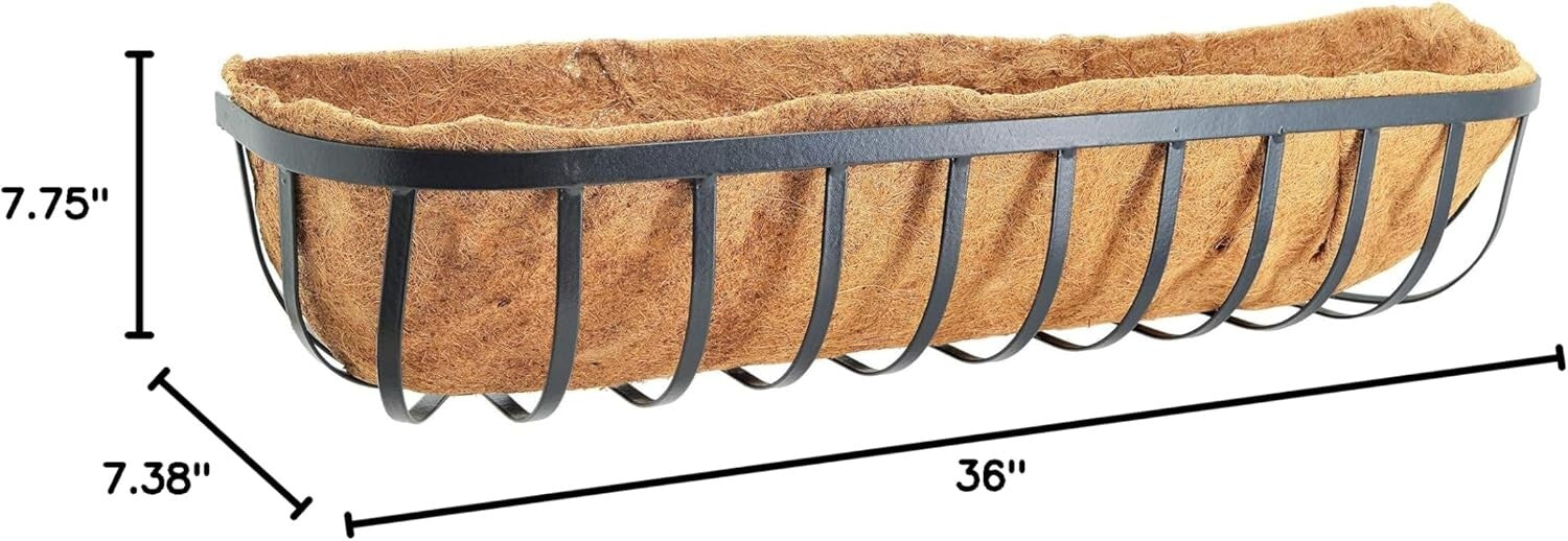Rectangular Powder-Coated Metal Wall Planter with Natural Coconut Liner - 36"