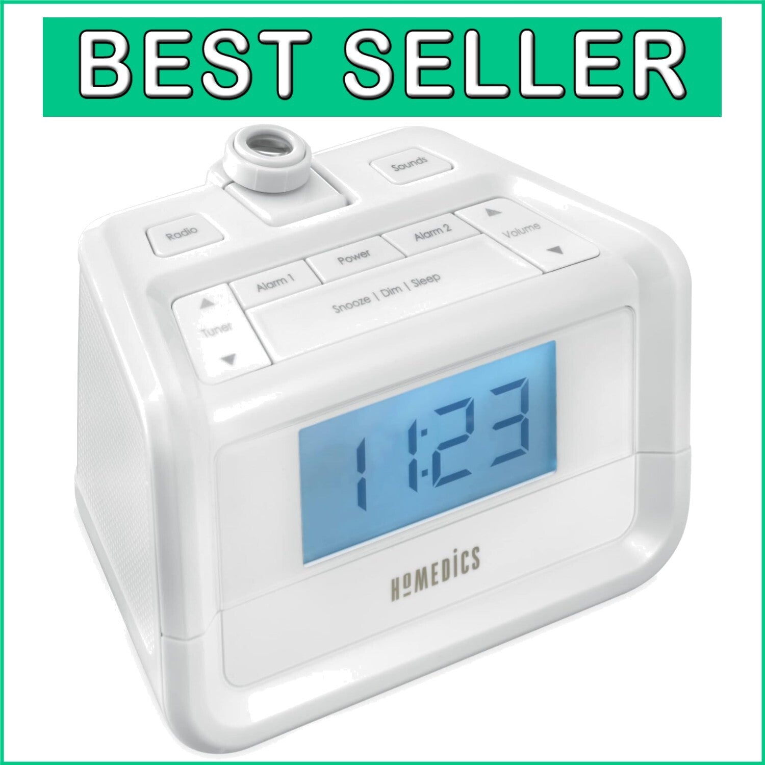 Dual Alarm Digital FM Clock Radio with LED Projection and White Noise Machine