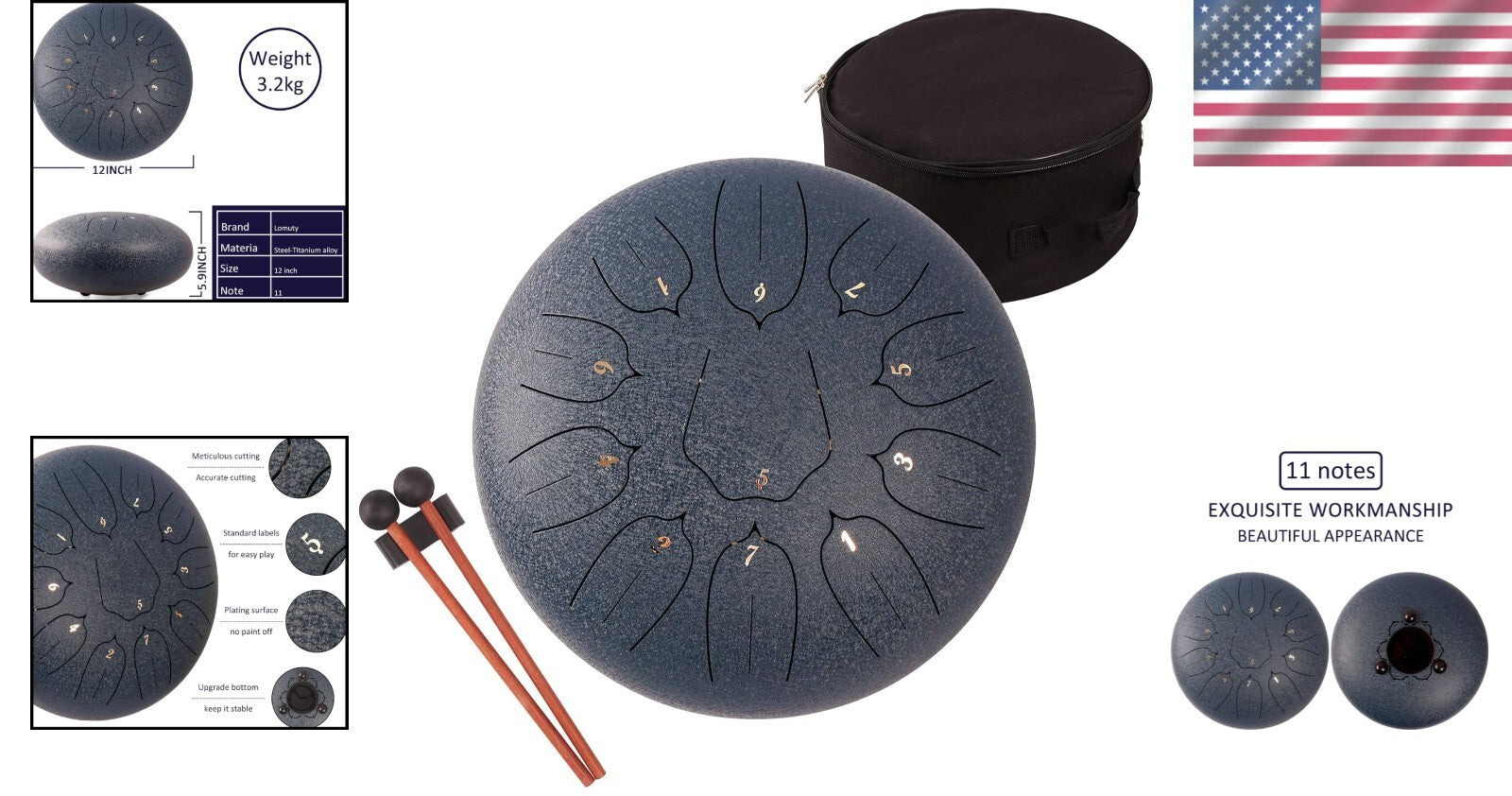 Beginner-Friendly 12" Steel Tongue Drum - Dark Blue for Meditation & Therapy