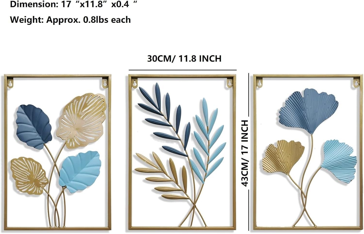 Elegant Gold and Canal Blue Ginkgo Biloba Metal Wall Sculptures - 3-Piece Set