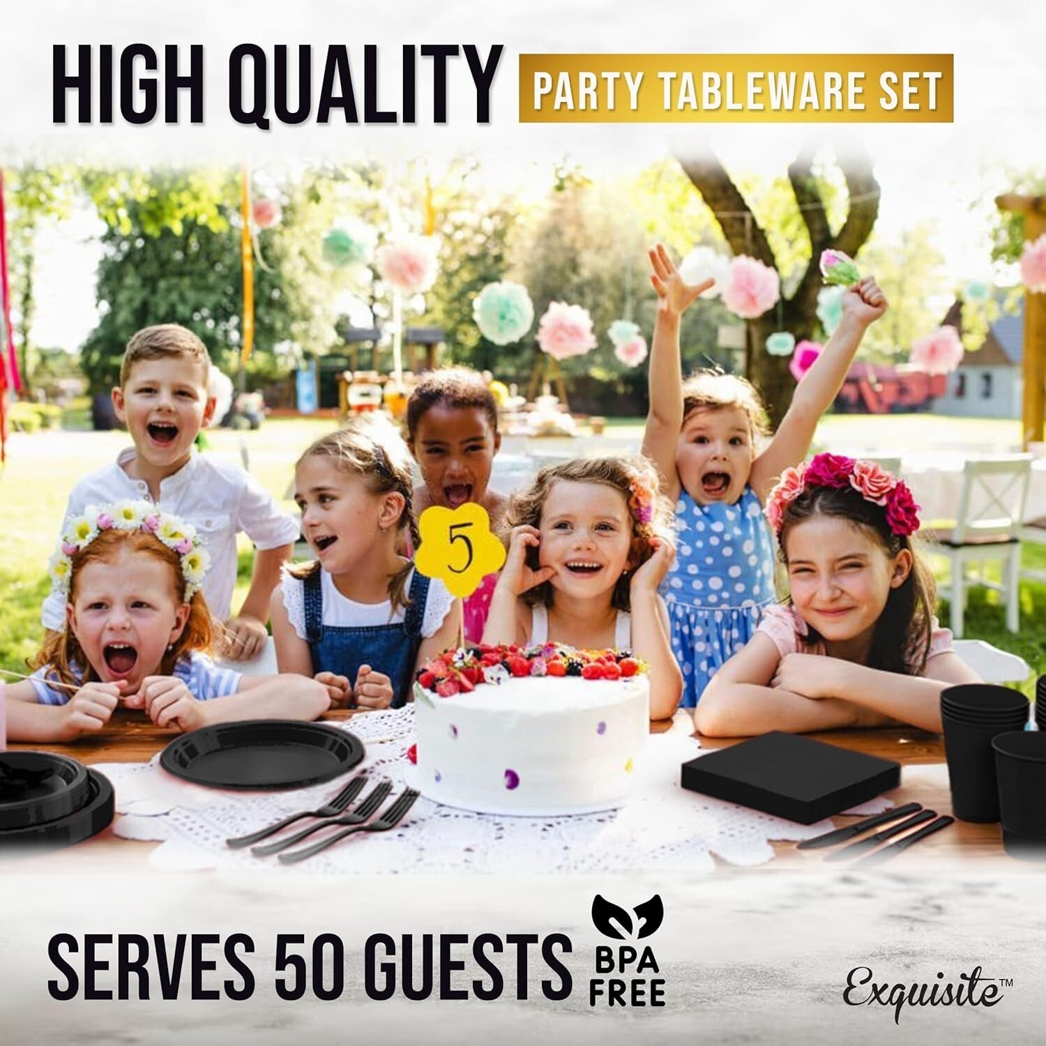 350 Pcs Black Plastic Party Plates & Utensils - Durable, BPA-Free, Easy Cleanup