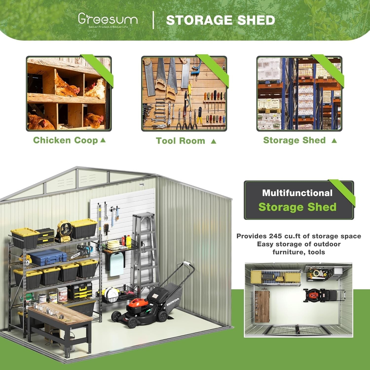 Stylish 8'x6' Metal Utility Shed with Sliding Doors for Organized Outdoors