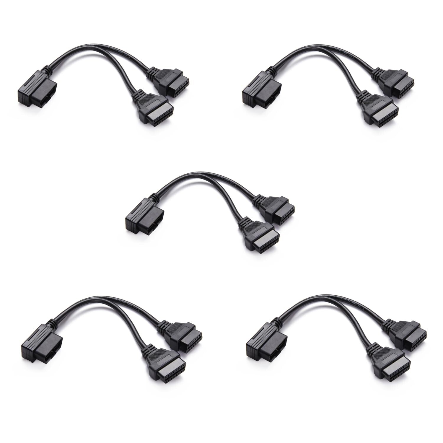 Compact 1FT Right Angle OBDII Y Cable - 16pin Male to Dual Extensions, 5-Pack