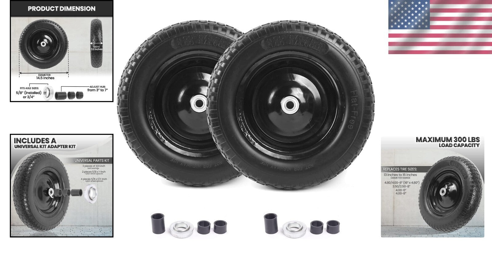 Universal Fit 14.5" Flat-Free Tire & Wheel - Durable, Weather-Resistant Solution