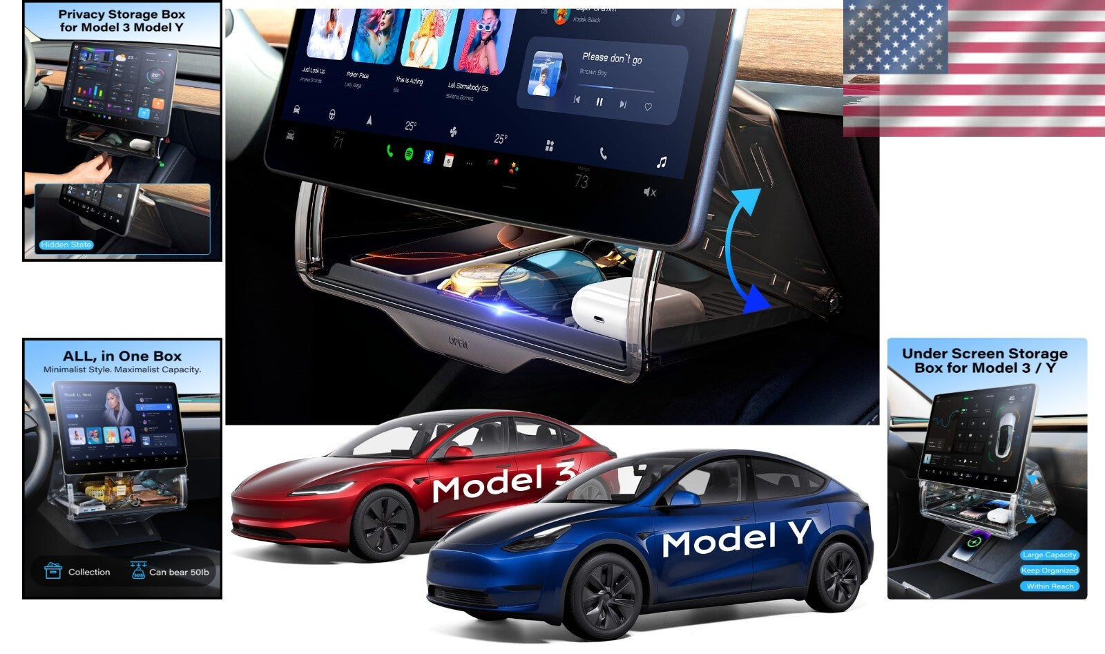 Custom Under-Screen Storage for Model Y & Model 3 - Hidden Organizer 2016-2024
