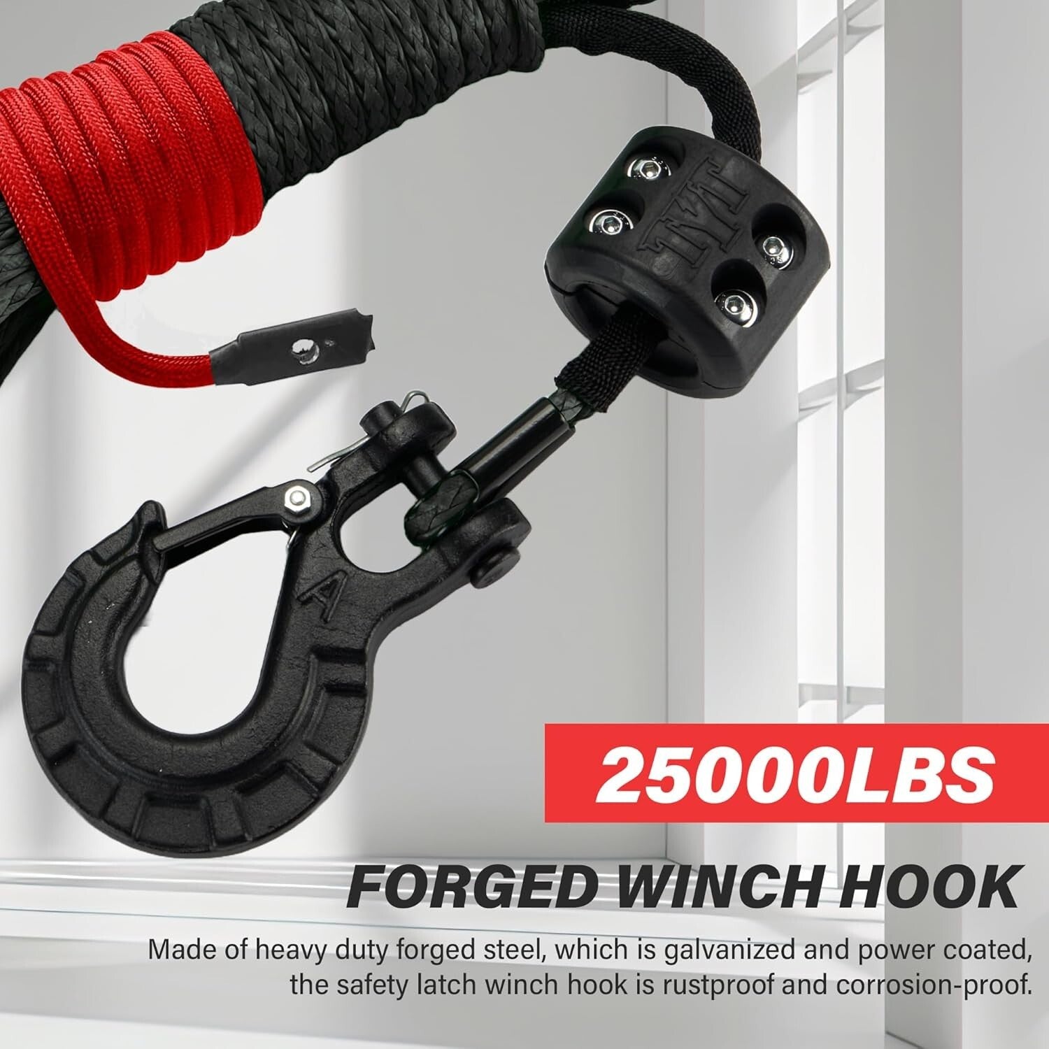 1/4''x50' Synthetic Winch Rope with Hook & Safety Strap - 35000 Lbs Strength