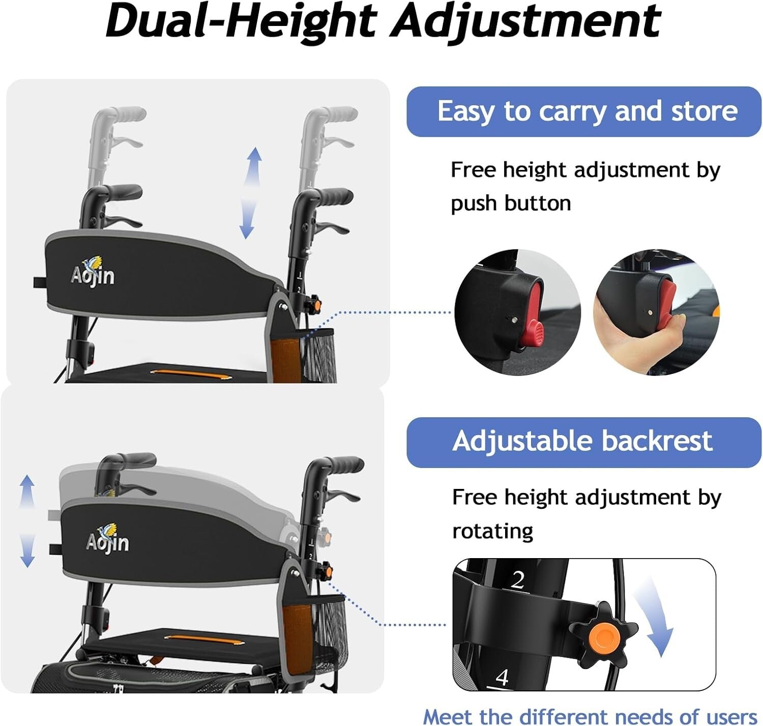 8-Inch Wheel Rollator Walker – Lightweight, Foldable with Travel Bag for Seniors