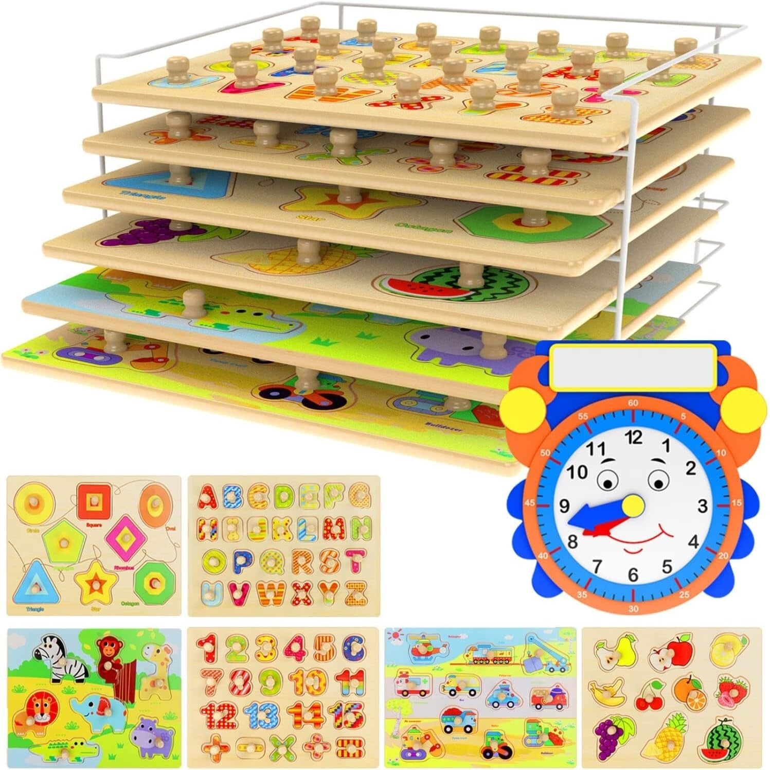 Fun Educational Wooden Puzzles for Toddlers - 7 Themes with Clock & Storage Rack