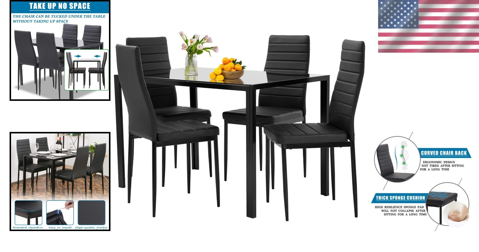 Elegant Dining Room Table Set with 4 Faux Leather Chairs for Small Spaces