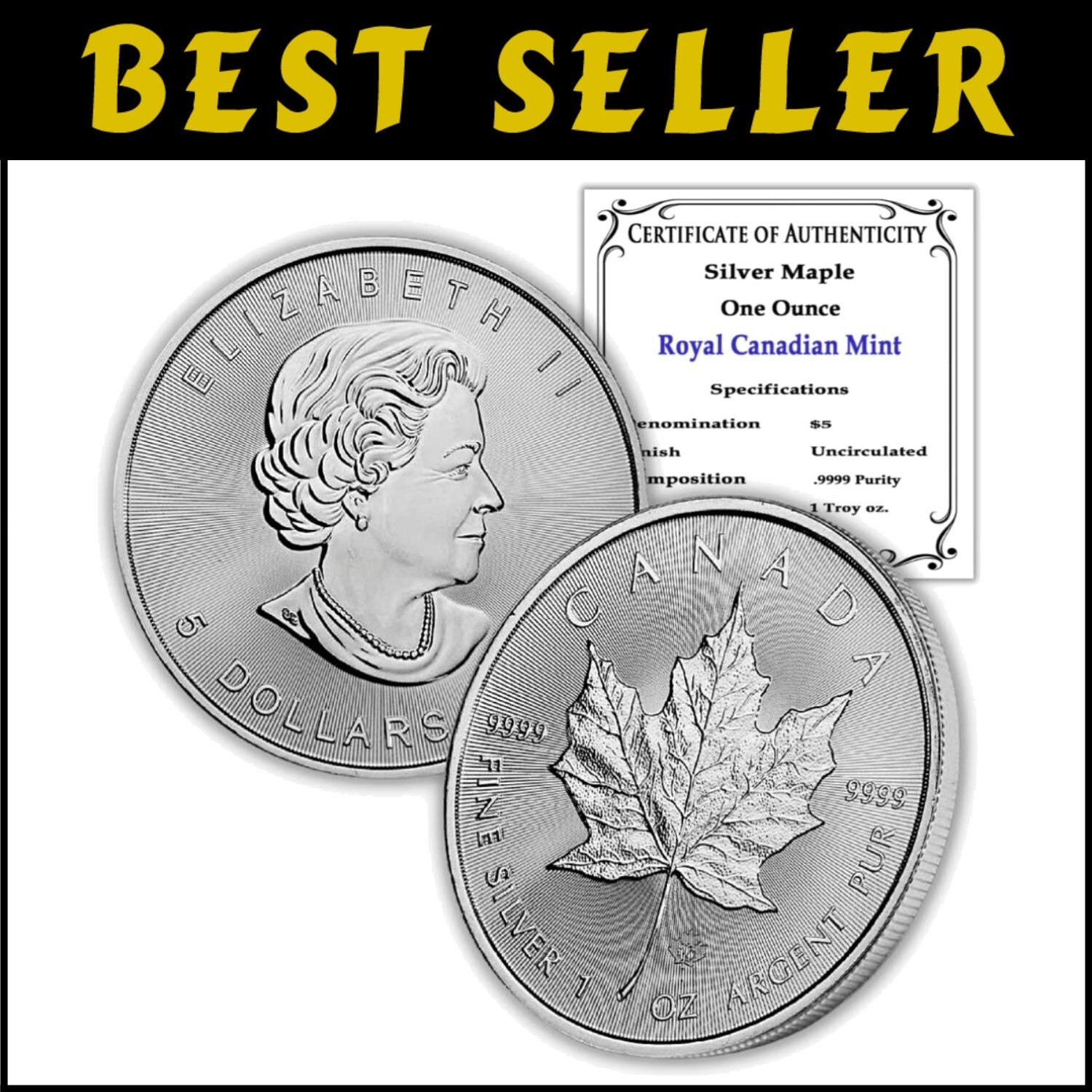 Lustrous Canadian Silver Maple Leaf Coin - $5 Brilliant Uncirculated, 1 Troy Oz