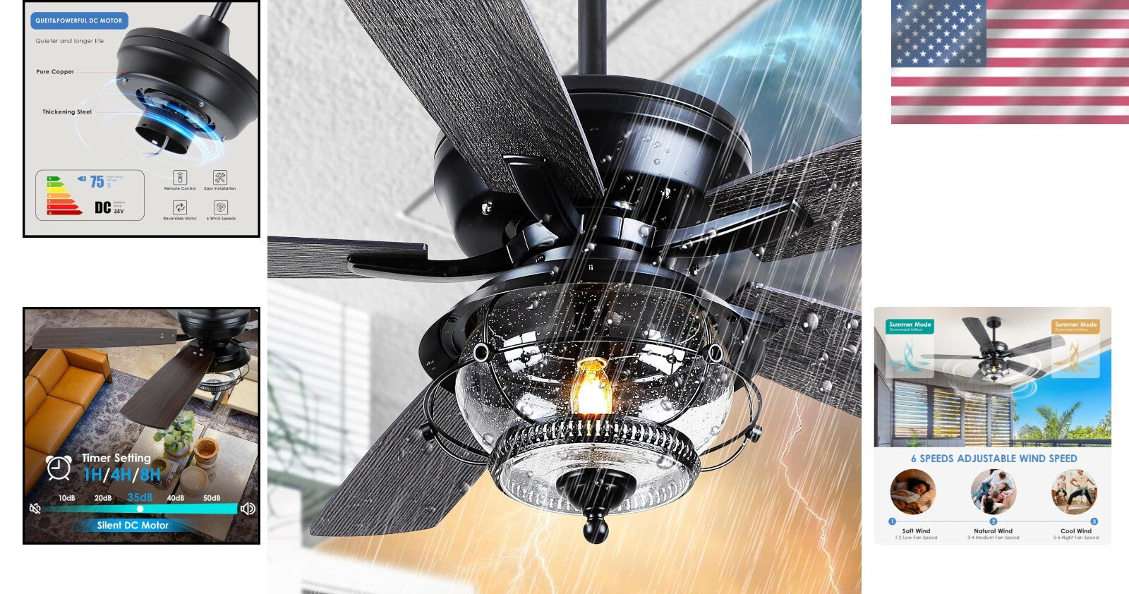 Elegant 52-Inch Black Ceiling Fan with Waterproof LED Light - Ideal for Patios