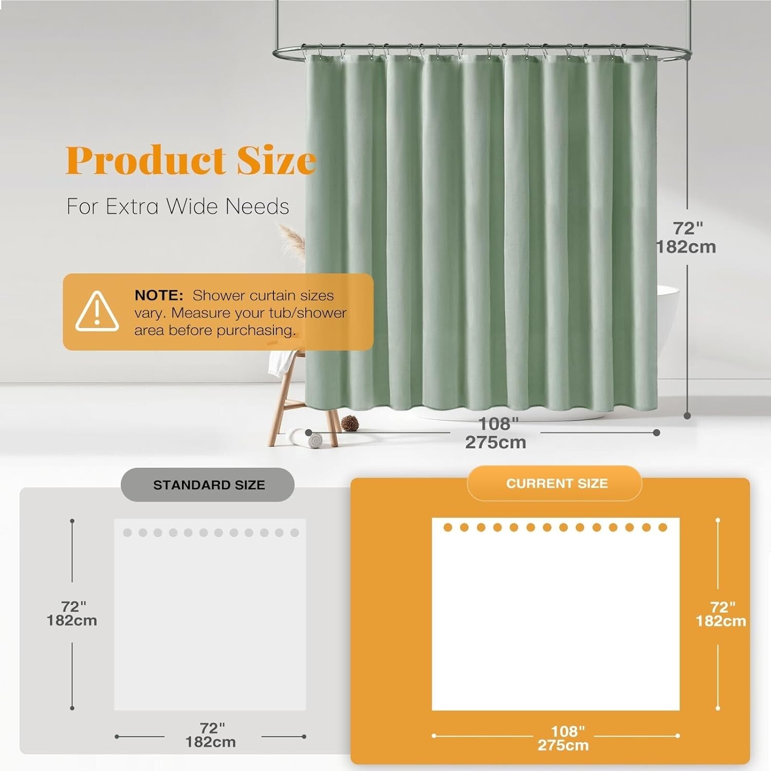 Elegant Sage Green 108x72 Linen Textured Shower Curtain Set - Includes Hooks