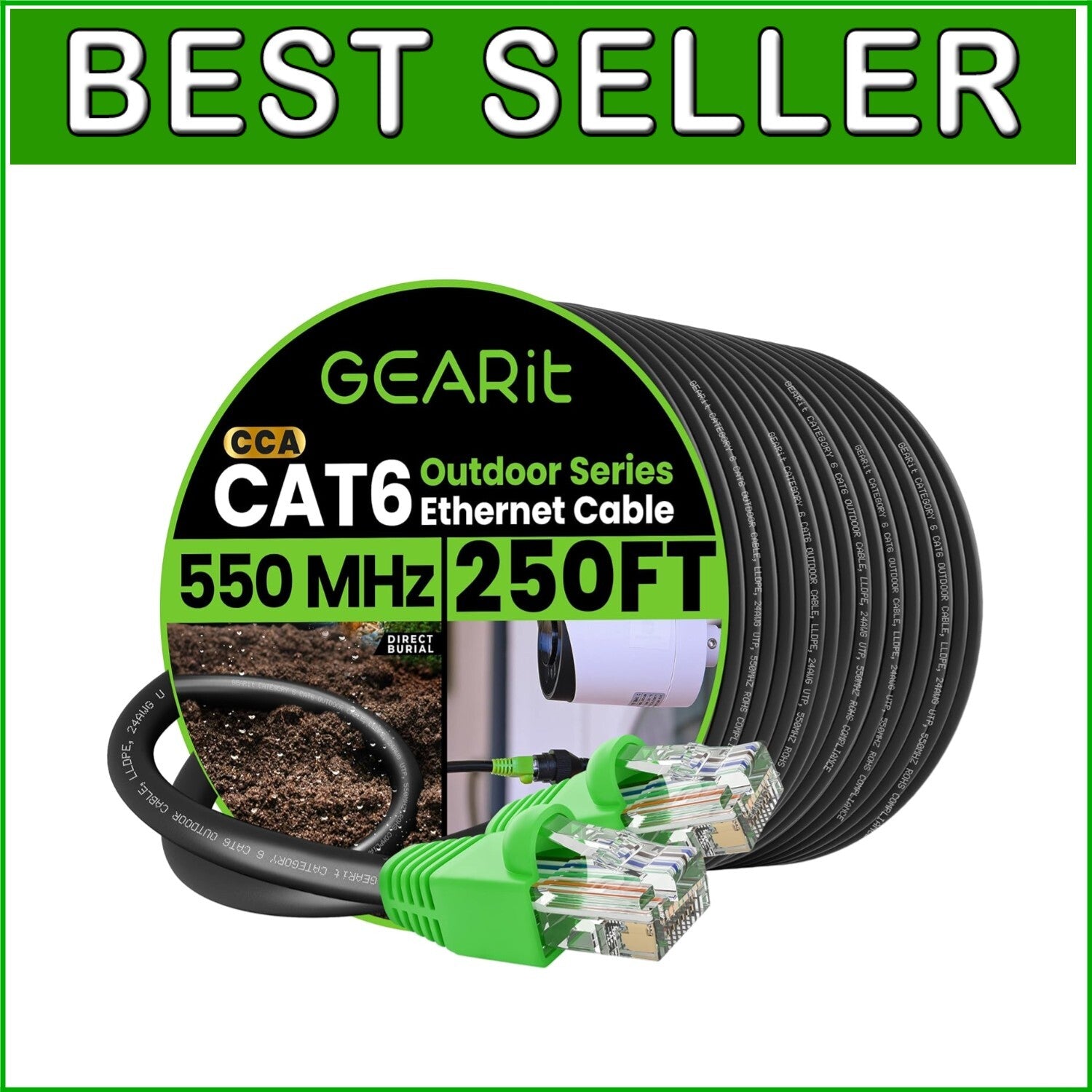 Durable 250ft Outdoor Cat6 Ethernet Cable with Waterproof Gold Connectors