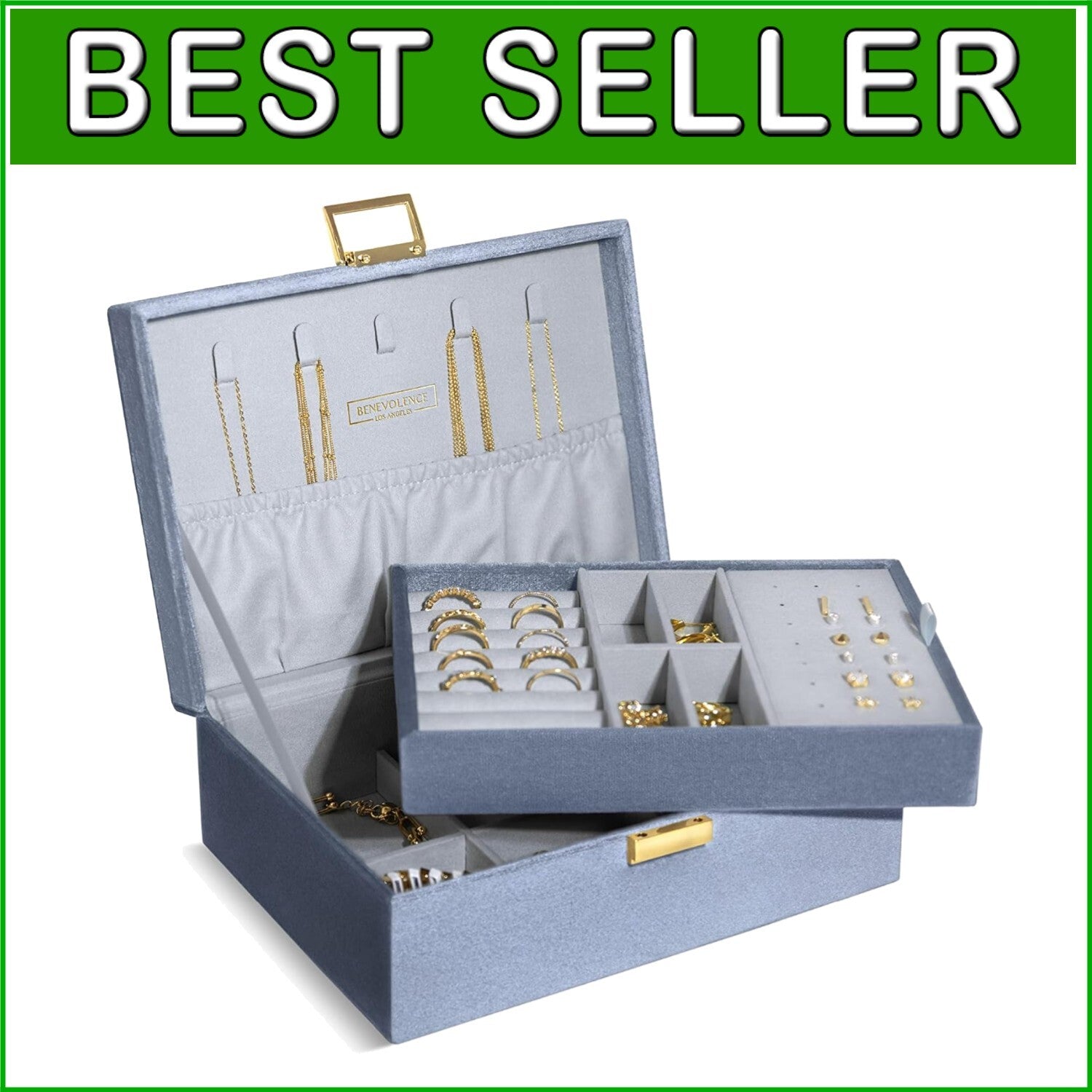 Chic Periwinkle Blue Jewelry Box - Velvet 2-Layer Organizer with Decorative Lock