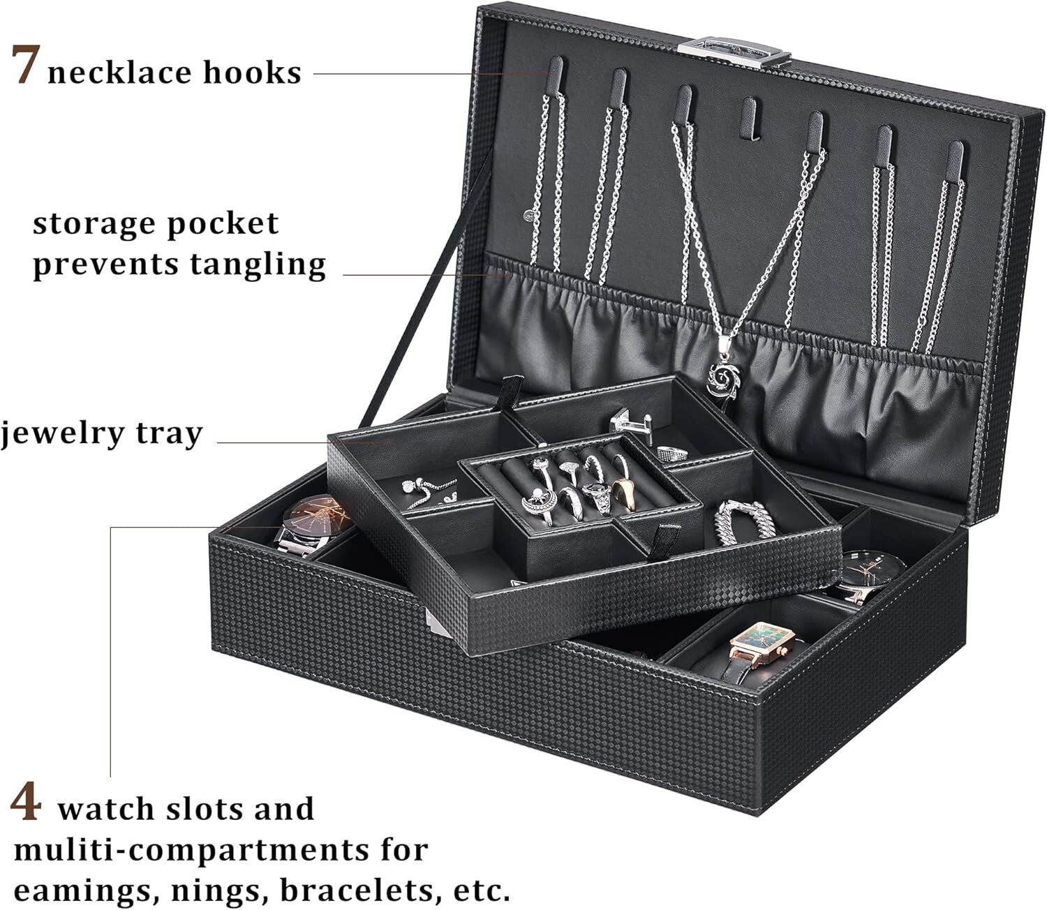 Luxury Jewelry Organizer for Men & Women with 4 Watch Cases – Ideal for Gifting