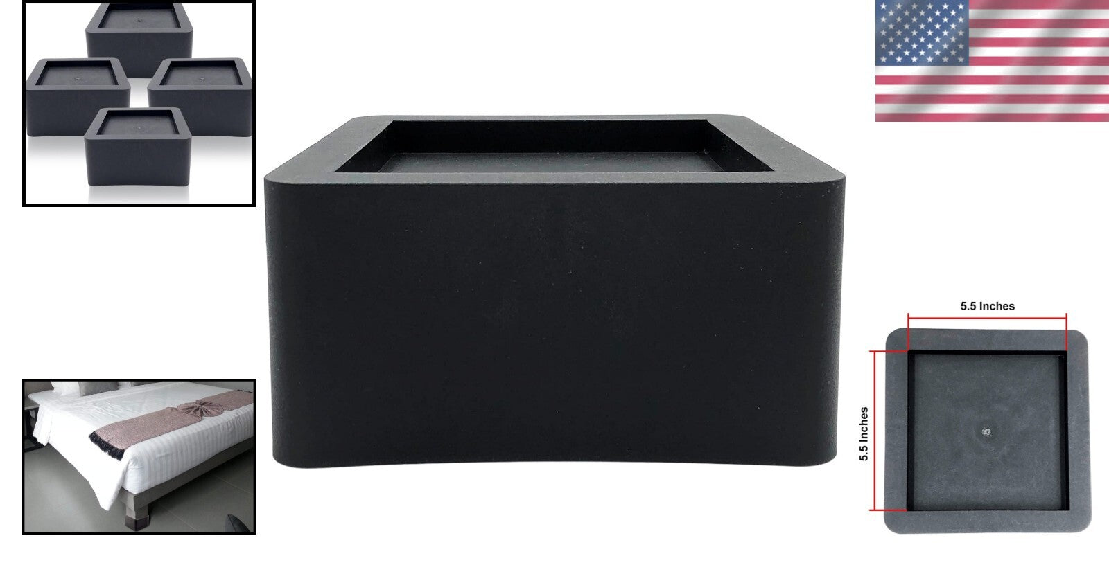 Black Heavy-Duty Bed Risers, 3-Inches of Storage & Support for Any Furniture