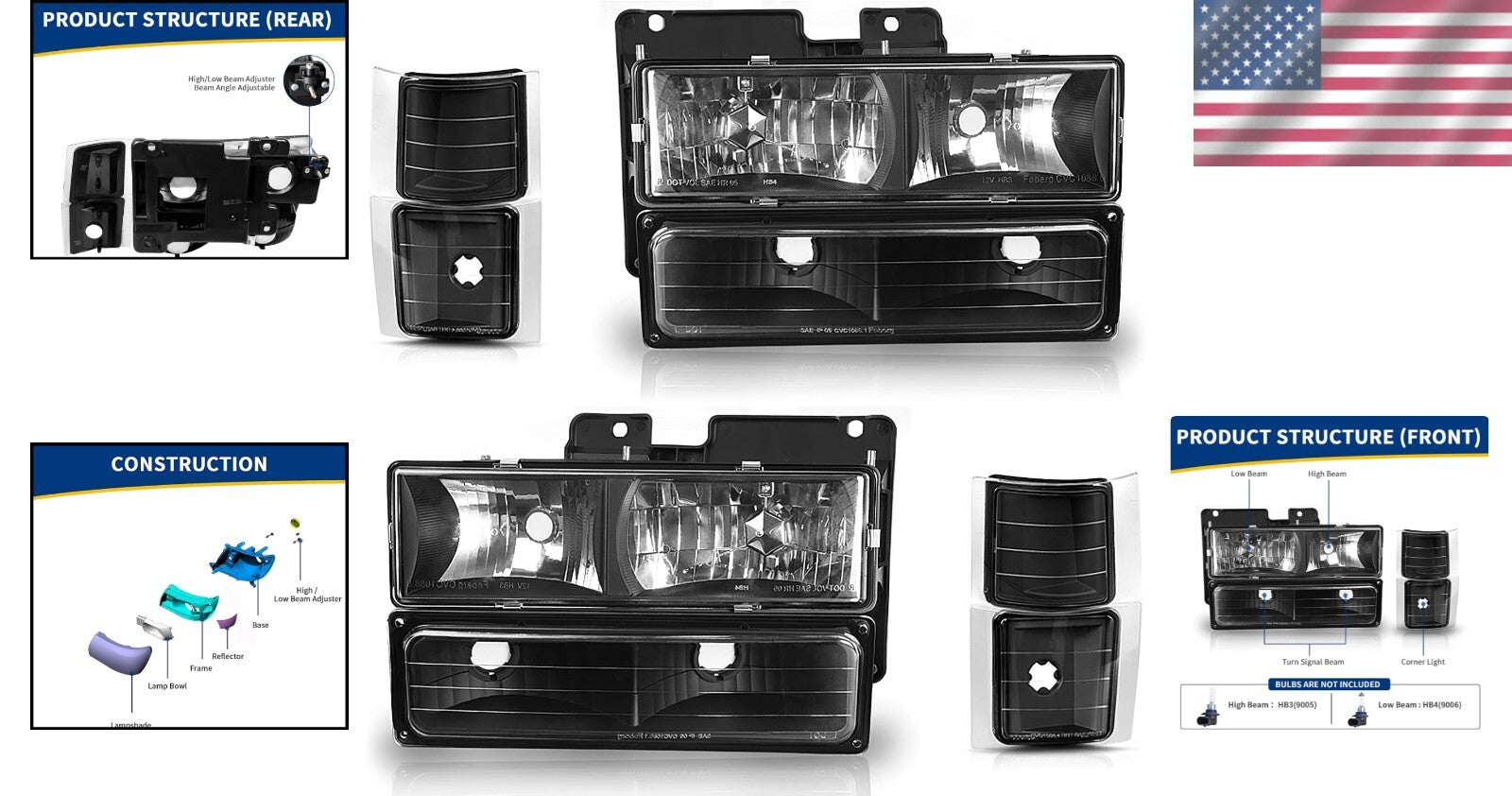 Direct Fit Headlight Assembly for 1994-1999 Chevy C/K & Tahoe - Black Housing