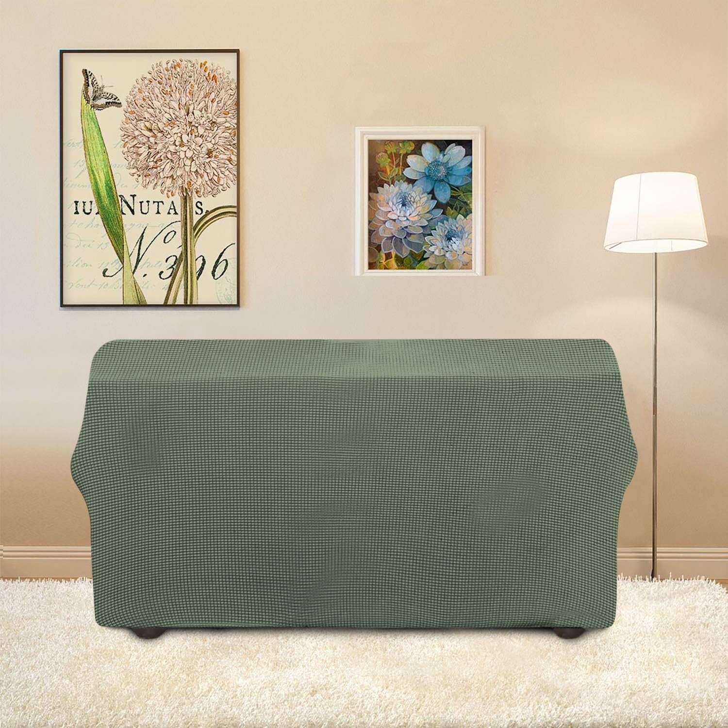 Greyish Green Stretch Loveseat Cover in Jacquard Fabric - Easy Care and Stylish