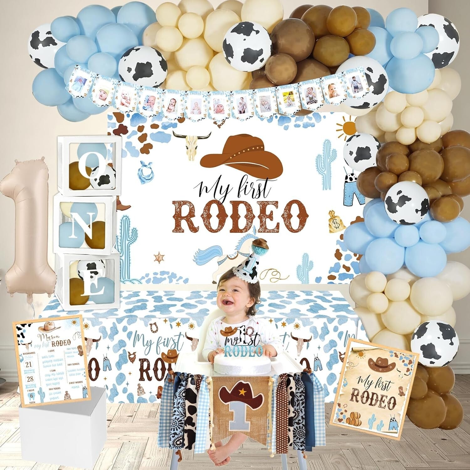 Vibrant Cowboy 1st Birthday Party Decor - High Chair Banner and Balloon Garland
