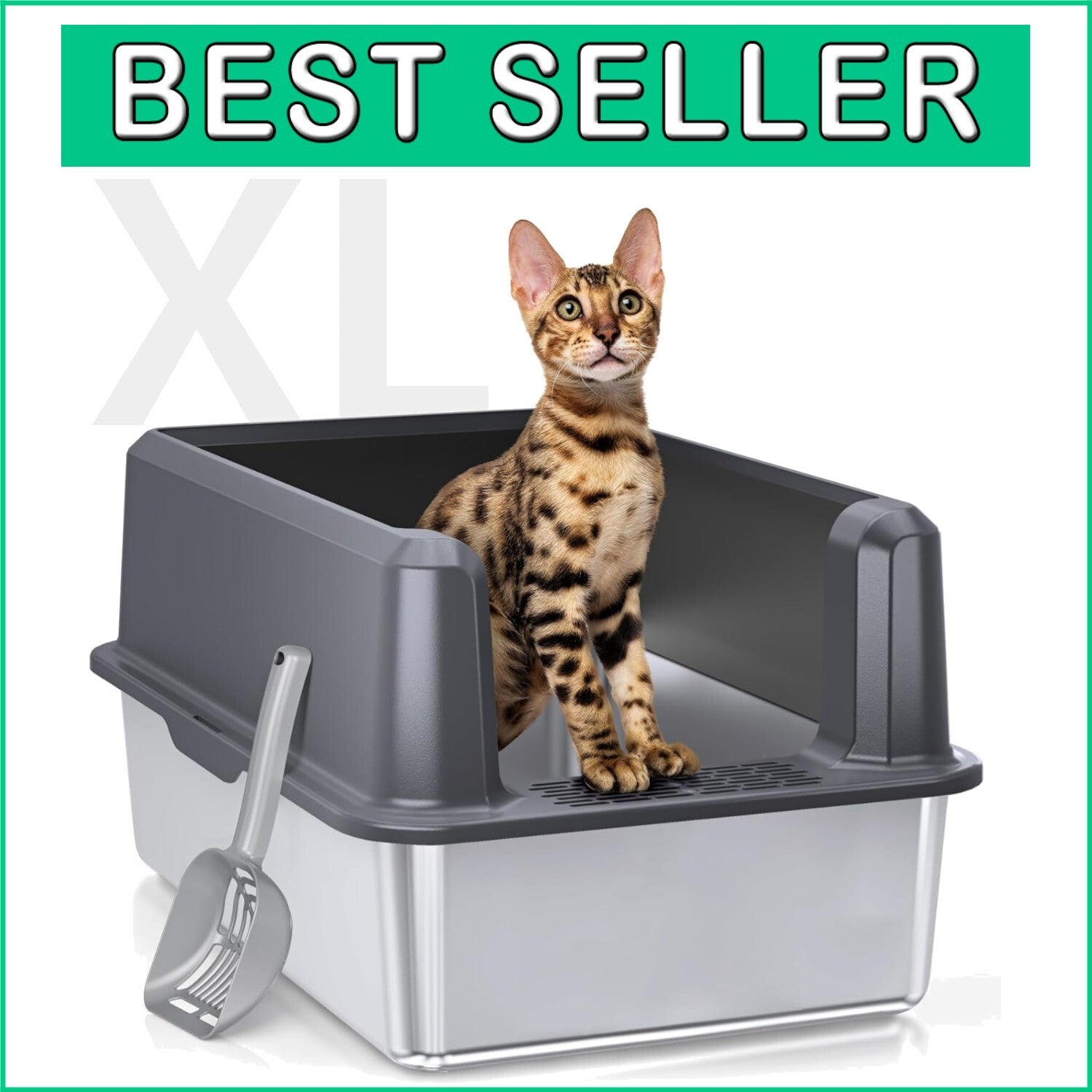 Durable XL Stainless Steel Litter Box with Secure Lid & Litter Scoop Included