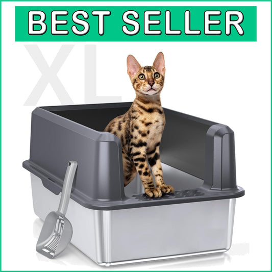 Durable XL Stainless Steel Litter Box with Secure Lid & Litter Scoop Included