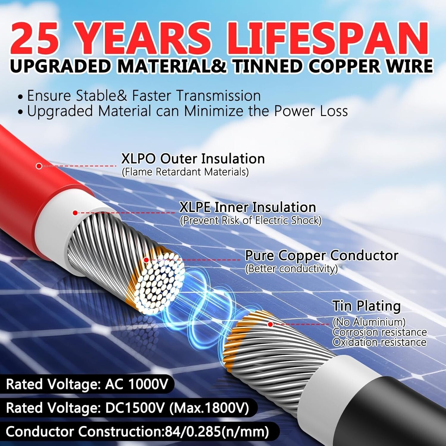 Reliable Waterproof 40FT 10AWG Solar Panel Extension Wire for Efficient Charging